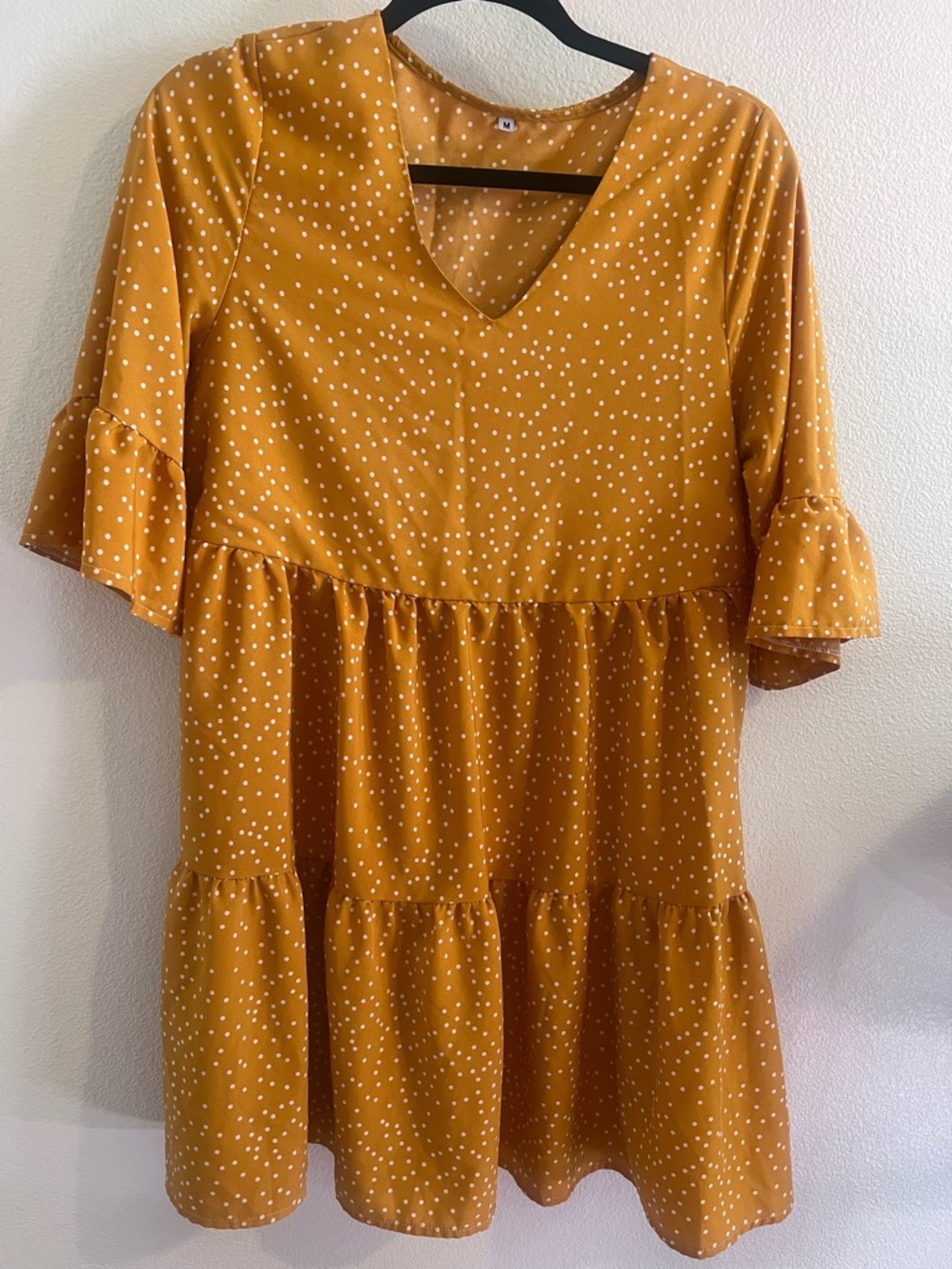 Mustard Yellow Polka Dot Tiered V-Neck Dress